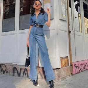 Majorelle denim jump suit short sleeve collar zip down flare leg jeans romper